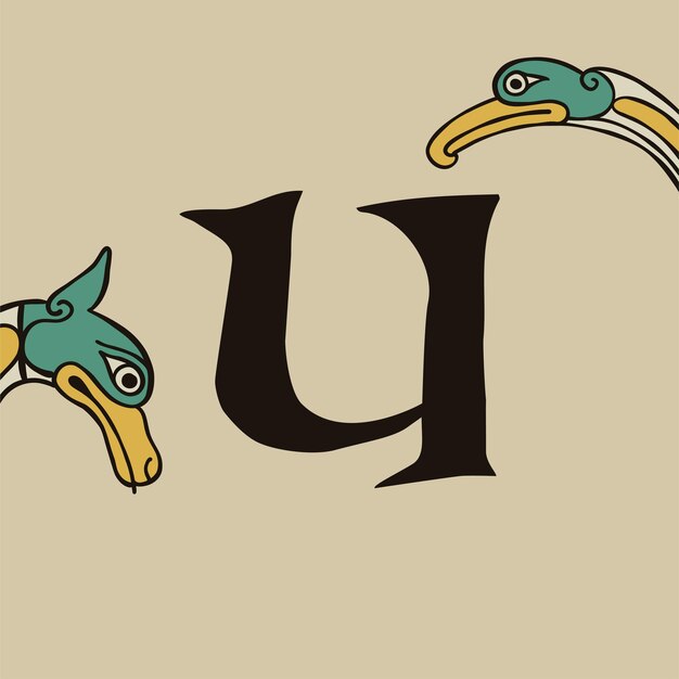 Vecteur 4 logo numéro quatre calligraphie de lindisfarne dans le style irlandais celtique majuscule avec des têtes de bêtes