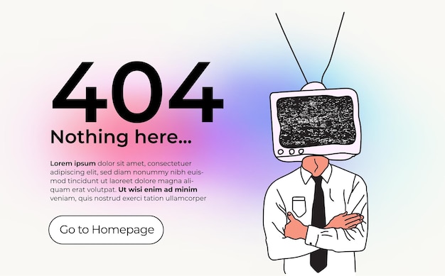 Vecteur 404 page d'erreur ou page introuvable modèle de conception pour votre site web avec employé de bureau dessiné à la main avec téléviseur ou moniteur à la place sa tête avec un bruit blanc sur l'écran illustration vectorielle