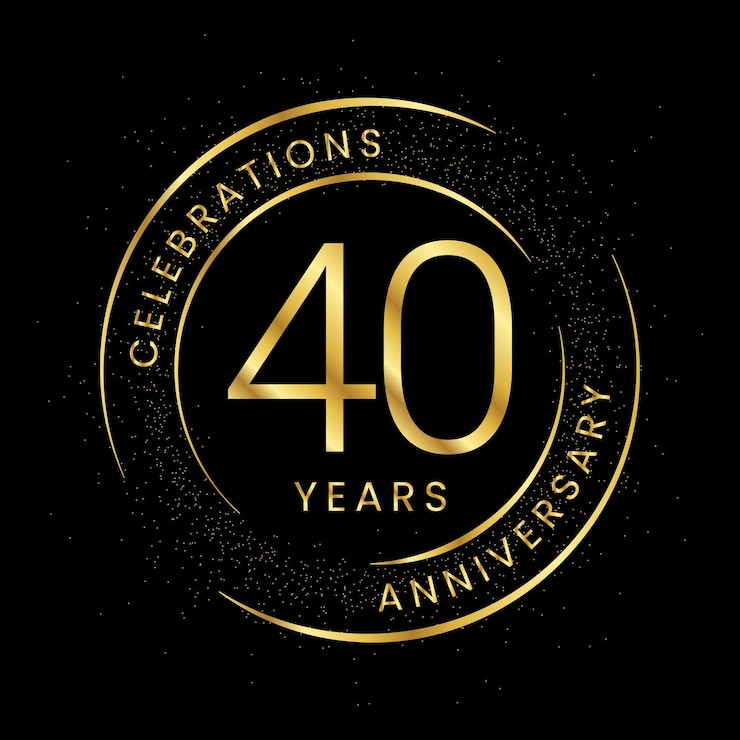 Vecteur 40e anniversaire d'or avec une ligne circulaire et des paillettes sur fond noir