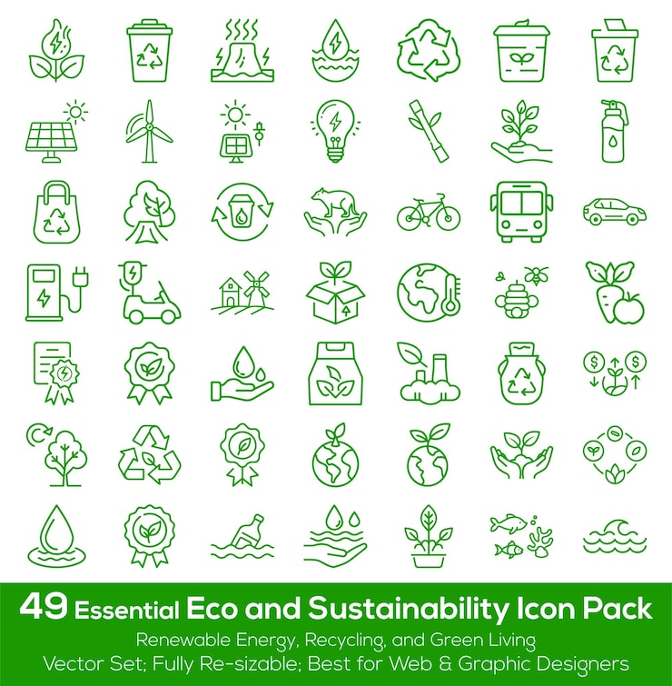Vecteur 49 icônes essentielles de l'éco et de la durabilité pack recyclage des énergies renouvelables et vie verte