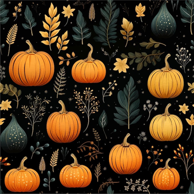 5 Impression De Récolte Sans Couture D'automne Avec Des Citrouilles Et Des Feuilles Colorées Style Vectoriel D'aquarelle Pour Le Mur