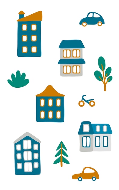 Vecteur 5 maisons de dessin animé, plantes, voitures et vélo. illustration vectorielle mignonne pour votre carte d'autocollants d'icône de conception