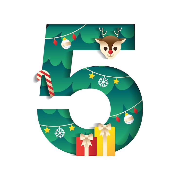 Vecteur 5 numéro numérique alphabet mignon joyeux noël concept renne bonbon canne cadeau boîte arbre de noël caractère police lettre élément de noël dessin animé vert 3d couche de papier carte de découpe illustration vectorielle