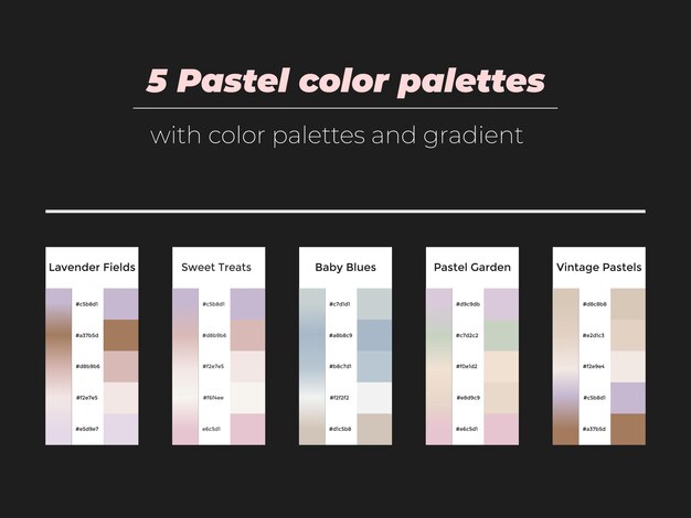 Vecteur 5 palettes de couleurs pastel avec couleur et dégradé isolées sur fond noir