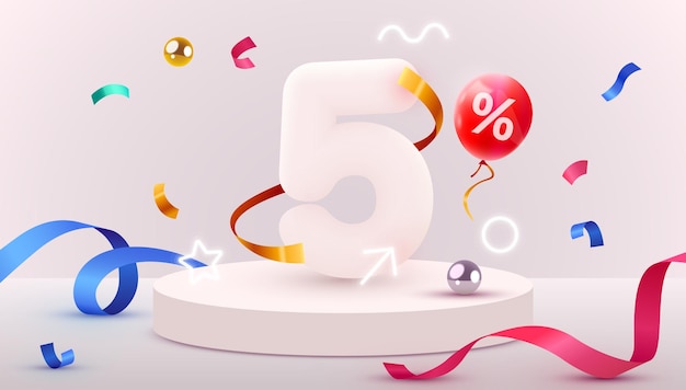 5 Pour Cent De Réduction Sur La Composition Créative Symbole De Vente 3d Avec Objets Décoratifs Ballons Dorés