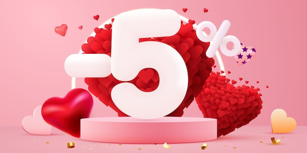 5 pour cent de réduction sur la composition créative symbole de vente 3d avec des objets décoratifs Valentine39s day promo Bannière et affiche de vente