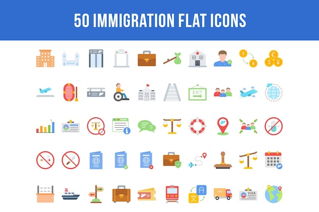 50 icônes plates d'immigration