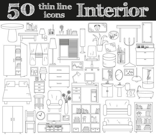 50 Icônes Pour L'intérieur Ligne Mince Définie Dans Des Couleurs Bleues Sur L'illustration Vectorielle De L'ordinateur Portable