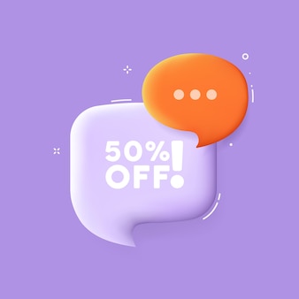 50 % de réduction sur la bulle vocale avec 50 % de réduction sur le texte illustration 3d icône de ligne vectorielle de style pop art pour les entreprises et la publicité