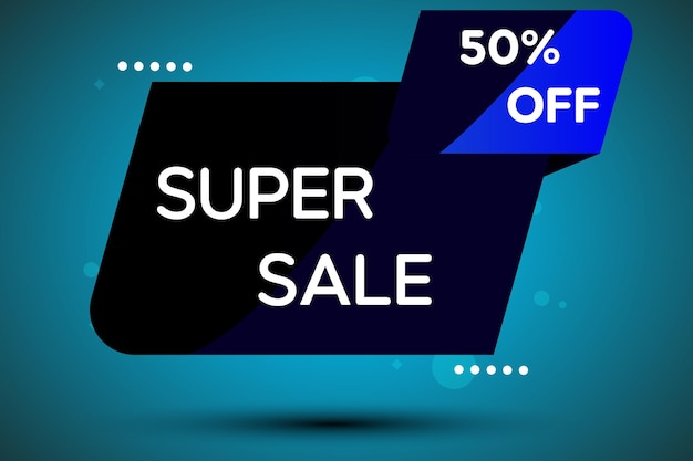 50 remise Poste de super vente 50 pour cent de réduction conception de bannière avec étiquette fond bleu et noir