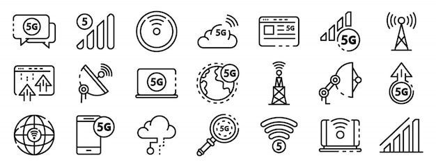 5G technologie set d&#39;icônes, style de contour