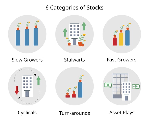 Vecteur 6 catégories d'actions telles que les croissances lentes, les piliers, les croissances rapides, les cycliques, les jeux d'actifs et les tur