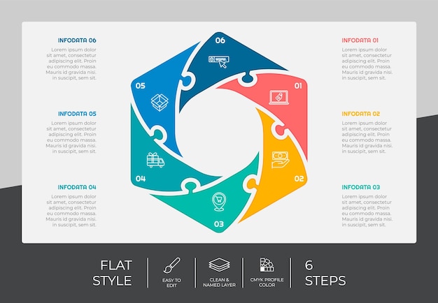 Vecteur 6 étapes de conception vectorielle d'infographie hexagonale avec un concept plat pour le marketing l'infographie de processus peut être utilisée pour les affaires et le marketing