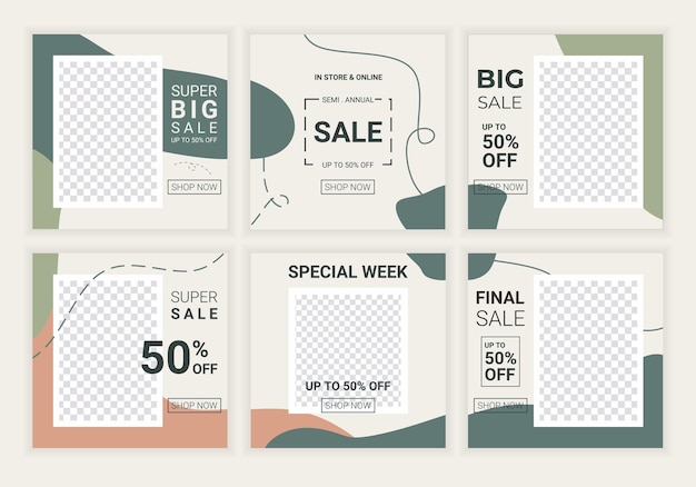 6 lot de bannière carrée de vente Modèle de style de conception de brosse abstraite de puzzle moderne minimaliste avec couleur pastel Convient aux annonces promotionnelles dans les messages de flux de médias sociaux Illustration vectorielle