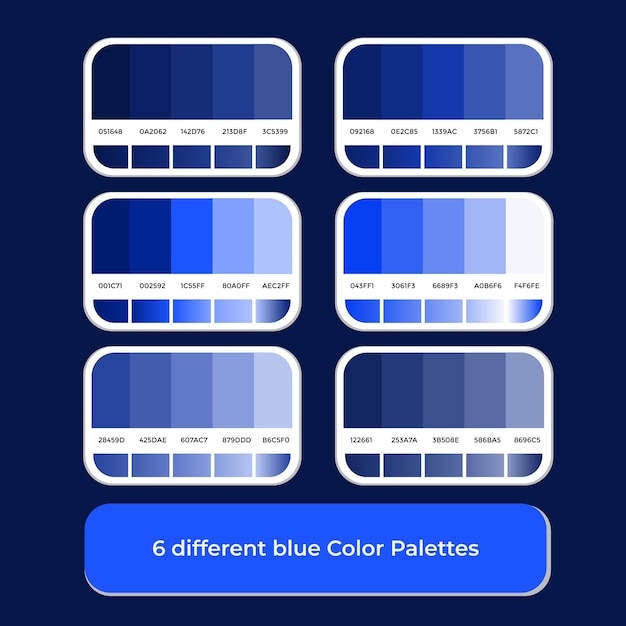 6 palettes de couleurs bleues différentes avec dégradé de couleur