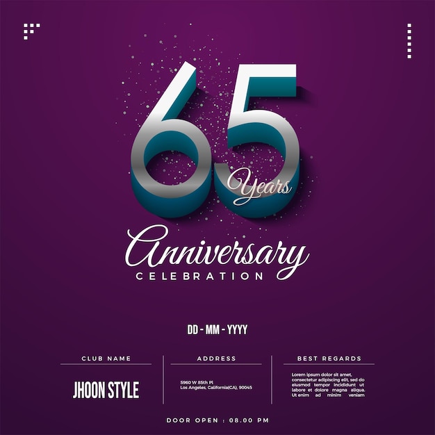 65e anniversaire sur fond violet foncé.