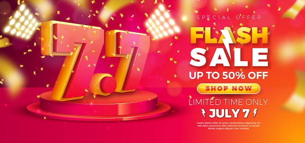 7 Juillet Shopping Day Flash Sale Design Avec Numéro 3d 77 Sur Podium Et Chute De Confettis