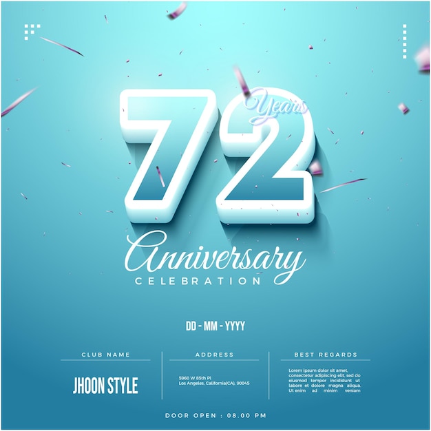 72e anniversaire avec des numéros de célébration moelleux.