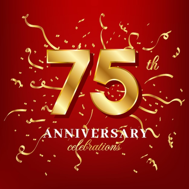 75 numéros d'or et anniversaire célébrant le texte avec des confettis dorés répartis sur fond rouge