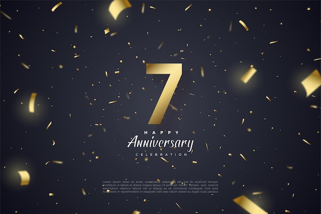 7e Anniversaire Avec Numéros D'or Et Fond Noir Avec Motif De Feuille D'or Dispersé