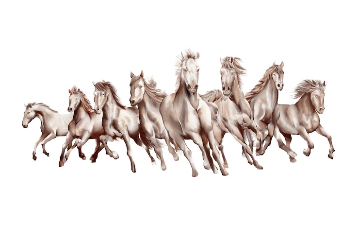 Vecteur 8 chevaux en cours d'exécution style aquarelle noir et blanc sur fond blanc