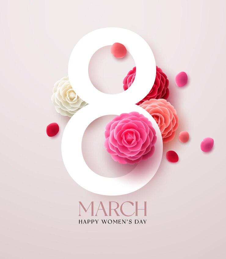 Vecteur 8 mars conception de vecteur de la journée de la femme journée de la femme 8 mars texte avec des éléments de fleur de camélia