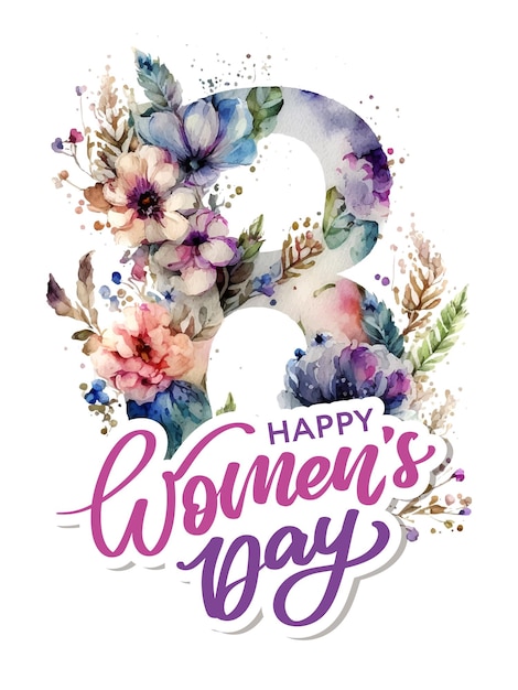 8 Mars Happy Women's Day Carte De Voeux Aquarelle Fleurs Lettrage Carte De Voeux Illustration Vectorielle