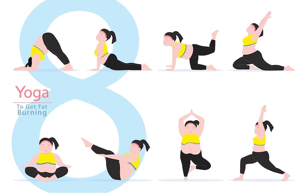 8 poses de yoga pour l'entraînement dans les graisses Burning Fat femmes exerçant pour l'étirement du corps et l'illustration vectorielle forte