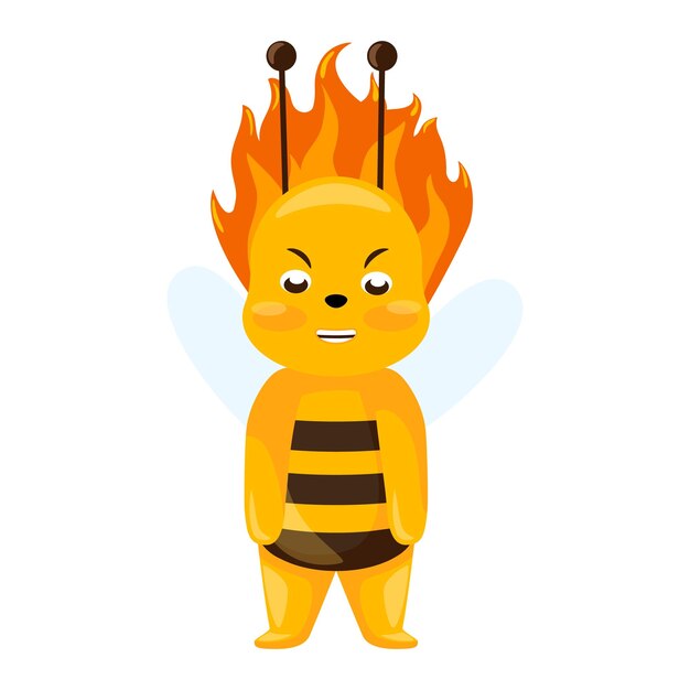 Abeille en colère isolée sur fond blanc Personnage de dessin animé Blaze in fire Conception d'autocollant d'insecte pour montrer l'émotion Illustration vectorielle