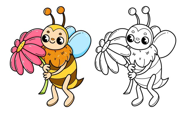 Vecteur l'abeille avec la fleur livre de coloriage avec des exemples de coloriage pour les enfants page de coloriage à l'abeille