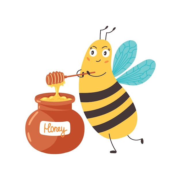 L'abeille Interfère Avec Le Miel Dans Un Bocal. Les Bourdons Préparent Le Miel. Animal Drôle De Caractère. Illustration Vectorielle