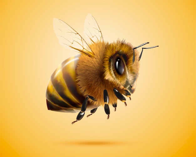 Abeille moelleuse en illustration 3d sur fond jaune