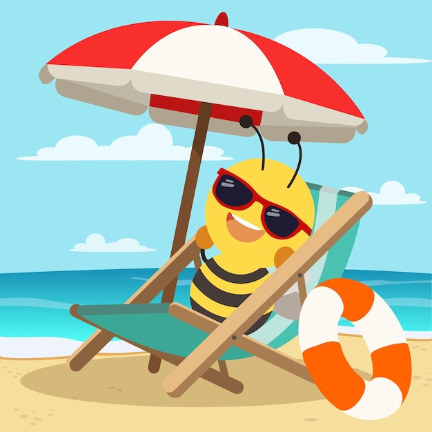 L'abeille Porte Des Lunettes De Soleil Sous Le Grand Parapluie Et S'assoit Sur La Plage