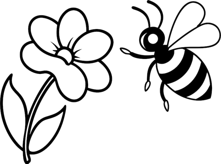 Vecteur une abeille volant près d'une silhouette de fleur illustration 2