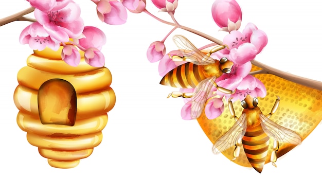 Abeilles Aquarelles Construisant Un Nid D'abeille Sur Des Branches D'arbre Sakura