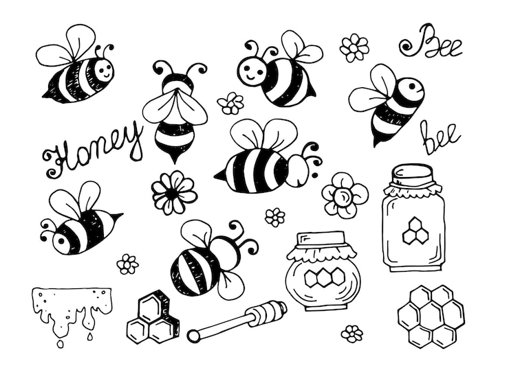 Vecteur des abeilles et du miel dessinés à la main dans le style de doodle icons sur le thème de l'apiculture