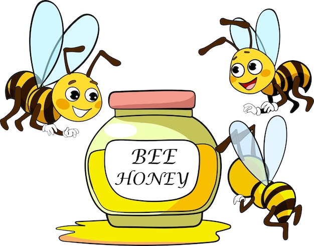 Vecteur abeilles mignonnes et pot de miel