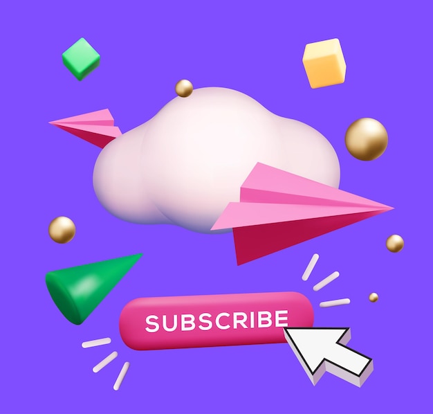 Abonnez-vous Au Concept De Bannière De Newsletter Avec Des Nuages Et Des Avions En Papier Rendus En 3d Et Des Formes Géométriques