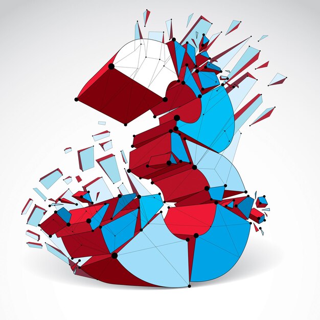 Abstract vector low poly détruit coloré numéro 3 avec des lignes noires et des points connectés. Police futuriste origami 3d avec maillage de lignes.