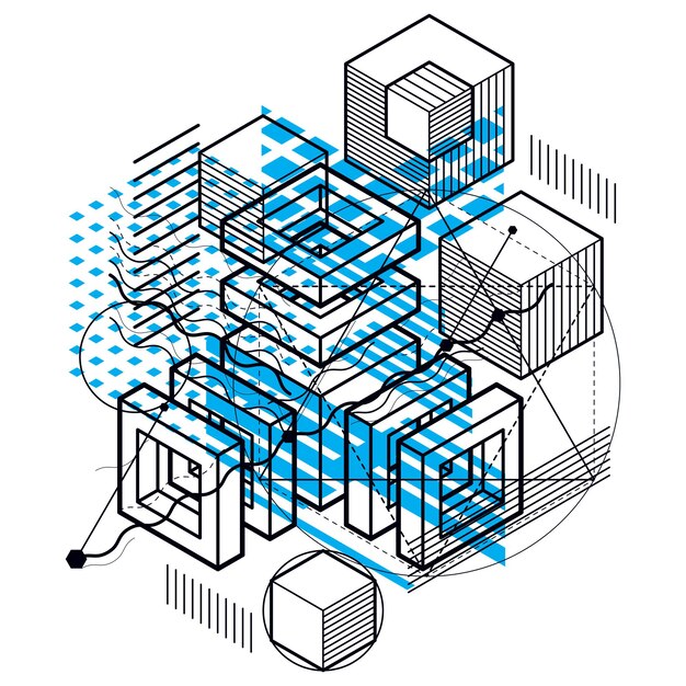 Abstraction isométrique avec lignes et différents éléments, fond abstrait vectoriel. Composition de cubes, hexagones, carrés, rectangles et différents éléments abstraits.