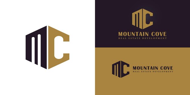 Abstraction de la lettre initiale MC ou CM en couleur violet foncé et dorée présentée avec plusieurs arrière-plans