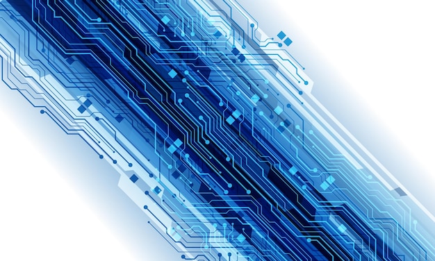 Abstraction de la technologie des circuits imprimés bleus, des lignes connectées, des éléments électroniques, de l'ordinateur, d'un slash dynamique, géométrique, numérique sur un vecteur de fond blanc.