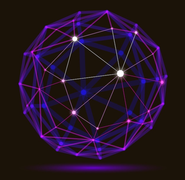 Abstraction vectorielle de maillage de réseau dimensionnel, sphère abstraite de conception polygonale 3D, connexions dynamiques de style numérique technologique et scientifique avec des lignes et des points, avec un effet de profondeur de champ réaliste.