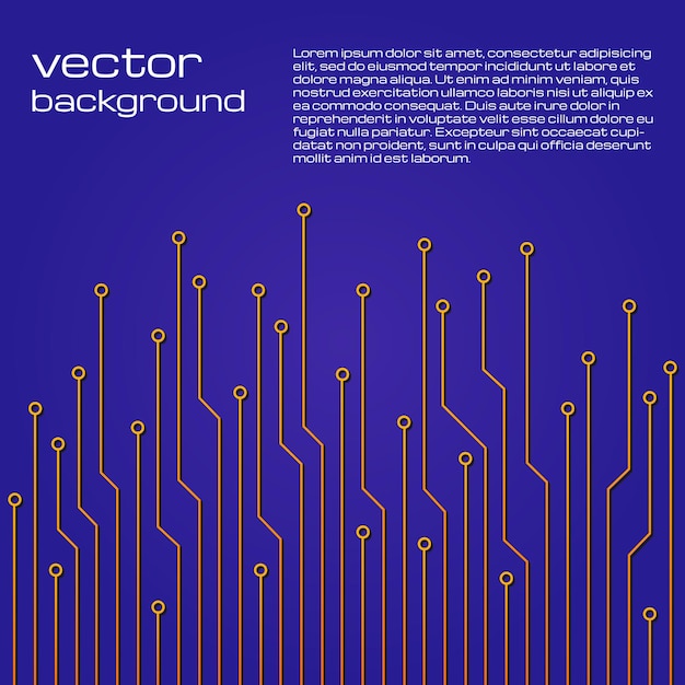 Abstrait bleu technologique avec des éléments jaunes de la puce électronique. Texture de fond de carte de circuit imprimé. Illustration vectorielle.