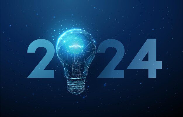Abstrait Bonne année 2024 carte de vœux avec ampoule bleue Ai et concept d'entreprise Conception de style Low poly Arrière-plan géométrique abstrait Structure de lumière Wireframe Vector graphique 3D moderne