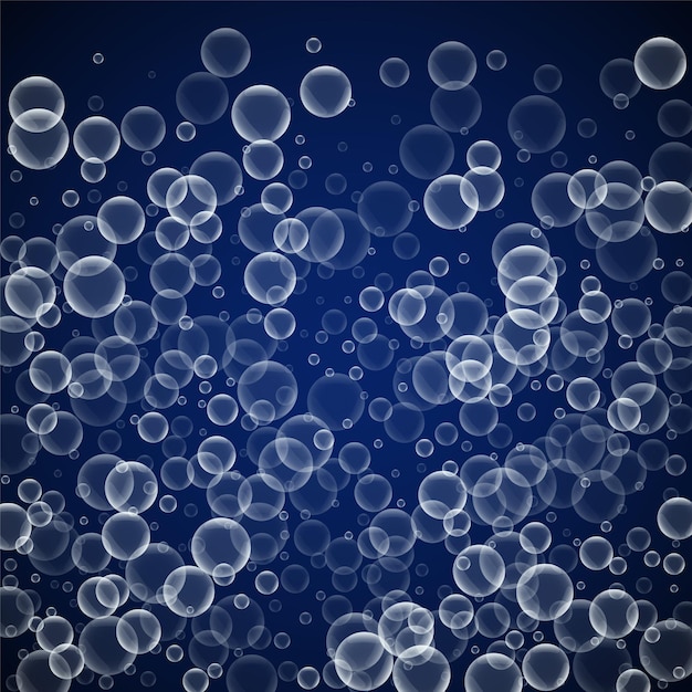 Abstrait de bulles de savon aléatoires. Souffler des bulles sur fond de nuit bleu foncé. Modèle de superposition de mousse savonneuse audacieuse. Illustration vectorielle majestueuse.