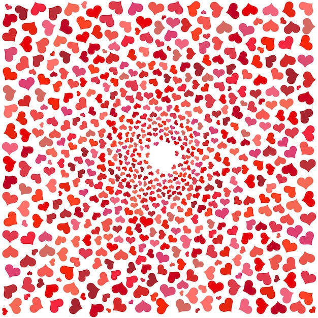 Abstrait avec des coeurs rouges. Coeurs rouges tourbillonnants sur fond blanc. Illustration vectorielle de la Saint-Valentin et du mariage.