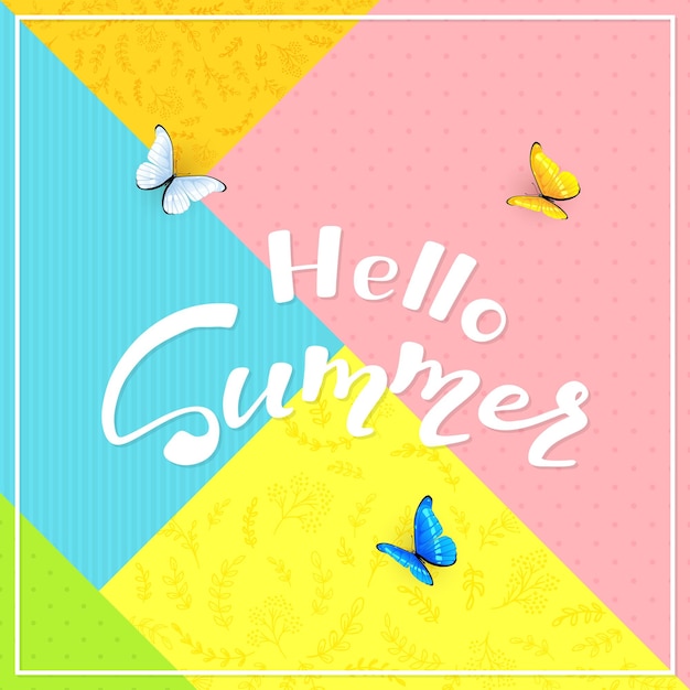 Abstrait Coloré Avec Texte Hello Summer Et Illustration De Papillons