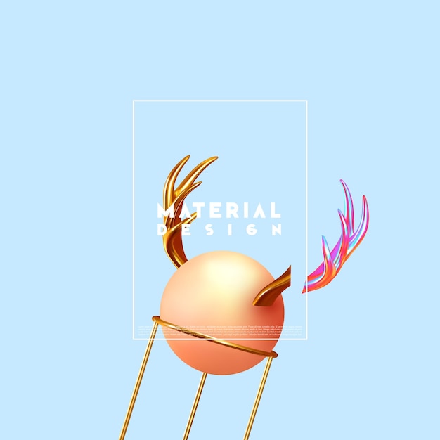 Abstrait de conception minimale avec des formes 3d. Rendu réaliste des objets. Affiche de design créatif, art minimal à la mode. Cornes, sphère et boule de cerf d'or. illustration vectorielle.