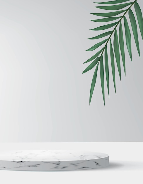 Vecteur abstrait dans un style minimal avec plate-forme en marbre. podium réaliste vide pour vitrine de produits cosmétiques avec palmier